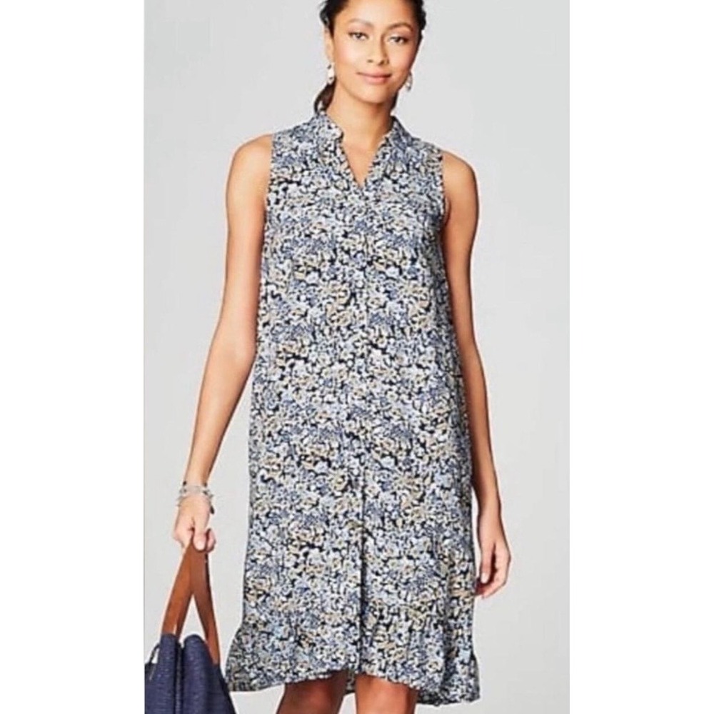 J.Jill Womens Blue Floral Rayon Sleeveless Ruffle Hem Shift Dress XS